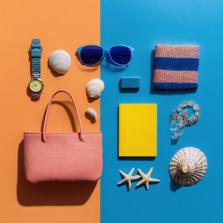A vibrant flat lay showcasing beach essentials including a handbag, sunglasses, and shells, perfect for summer vacation inspiration and colorful lifestyle photography.の素材