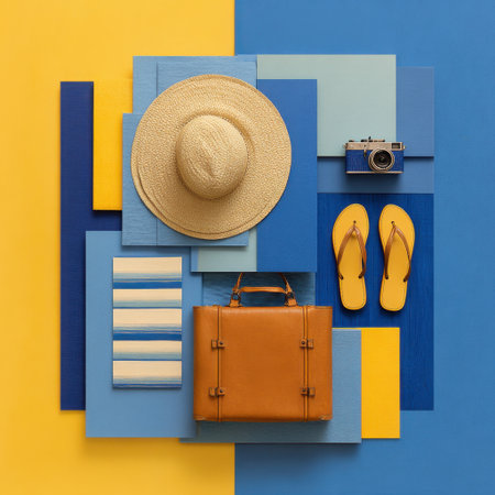 Explore a vibrant summer travel flat lay featuring a stylish hat, camera, and sandals arranged artistically against a lively blue and yellow backdrop, perfect for inspiration.の素材
