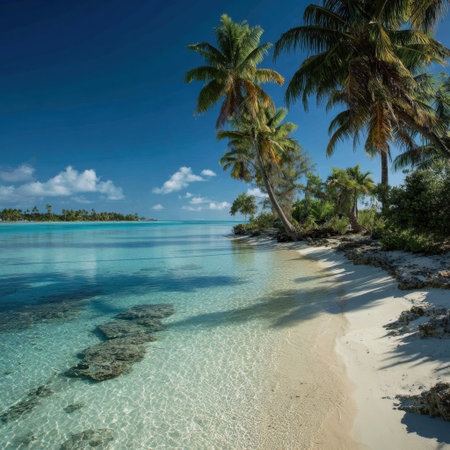 Experience the serene beauty of a tropical paradise with clear waters, white sand beaches, and lush palm trees beneath a vibrant blue sky, perfect for relaxation and exploration.の素材