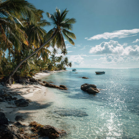 Experience the beauty of a tranquil tropical beach with palm trees, soft white sand, and crystal-clear waters under a bright blue sky, perfect for relaxation and escape.の素材