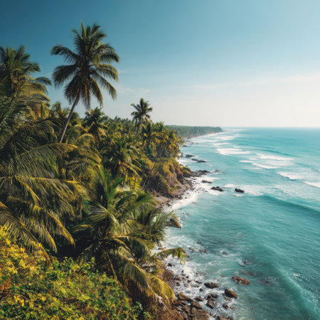 A stunning tropical coastal scene showcasing vibrant palm trees along a serene shoreline, creating a perfect getaway for relaxation and adventure amidst nature's beauty.の素材