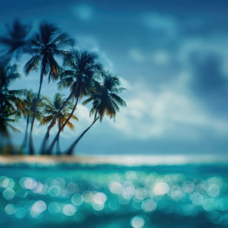 A tranquil tropical setting with palm trees silhouetted against a shimmering ocean backdrop, creating a serene atmosphere ideal for relaxation and escape.の素材