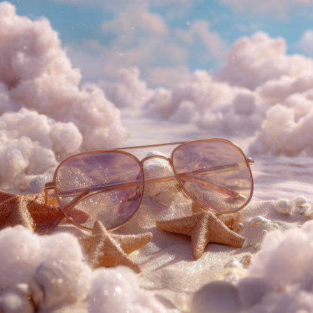 A pair of trendy sunglasses rests on soft sand, surrounded by starfish as gentle ocean waves lap nearby, creating a tranquil summer beach scene under a bright sky.の素材
