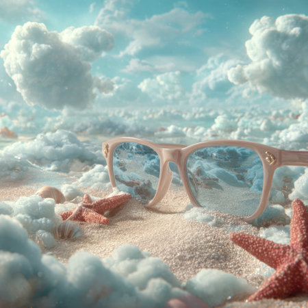 A captivating beach scene featuring trendy sunglasses on soft sand amidst seashells and starfish, with a dreamy sky inviting a sense of summer relaxation and adventure.の素材