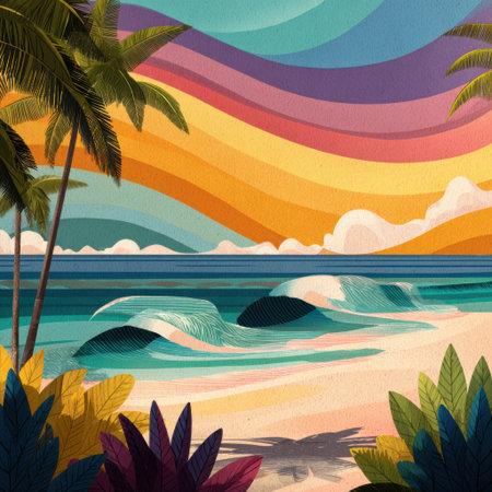 Captivating tropical beach scene showcasing a colorful sunset with palm trees and vibrant foliage, ideal for themes of travel, relaxation, and natural beauty.の素材