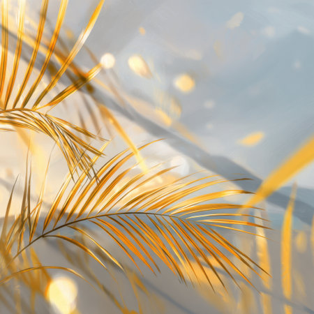 A serene composition featuring golden palm leaves on a soft blue background, perfect for evoking relaxation and tranquility in various artistic and design projects.の素材