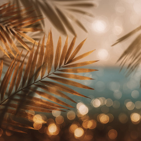 A stunning capture of vibrant tropical foliage with a serene seascape in the background, enhanced by a soft bokeh effect, creating a tranquil and relaxing mood.の素材