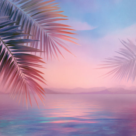 A tranquil tropical sunset where the sky transitions into vibrant colors over a calm ocean, framed by silhouetted palm leaves, creating an idyllic vacation atmosphere.の素材