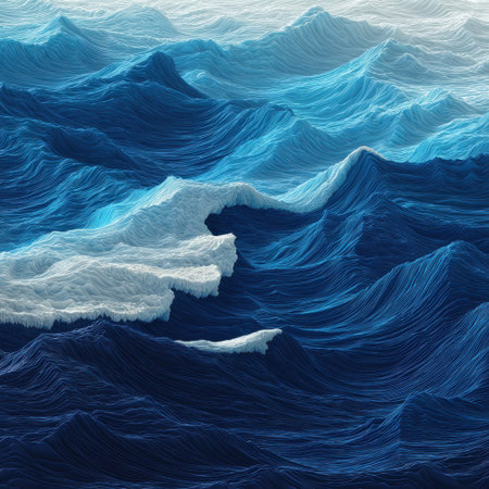 A mesmerizing view of abstract ocean waves showcasing a stunning interplay of blue and white hues, encapsulating the dynamic energy and tranquility of the sea.の素材