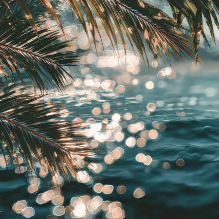 A serene depiction of sunlight dancing on water, framed by lush palm leaves, evokes tranquility and relaxation in a beautiful tropical setting perfect for nature lovers.の素材