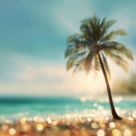 A peaceful tropical scene showcasing a vibrant palm tree along a shimmering beach, inviting you to relax and enjoy the serene ocean view under a radiant sky.の素材