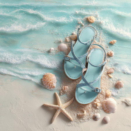 Embrace the summer vibes with stylish sandals on sandy shores surrounded by seashells and a starfish, offering a serene coastal escape and a perfect vacation feel.の素材