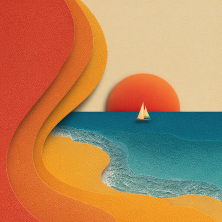 A mesmerizing sunset scene featuring a peaceful ocean with a small sailboat. The abstract beach landscape comes alive with warm colors and calm atmosphere, perfect for relaxation.の素材
