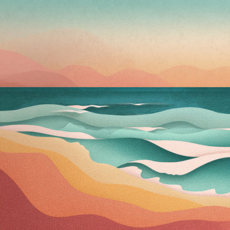 A tranquil coastal scene featuring gentle waves and soft pastel colors, evoking a sense of calm and serenity as the sun sets over the horizon.の素材