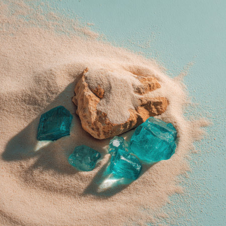 This artistic image showcases fine sand with vivid blue crystals and natural rock elements, ideal for design projects, backgrounds, and nature-inspired themes.の素材