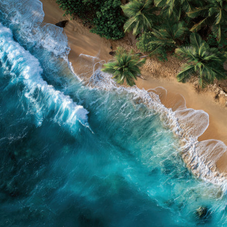 Capture the beauty of nature with this stunning aerial view of turquoise ocean waves meeting a sandy beach, surrounded by lush greenery and tropical palm trees.の素材