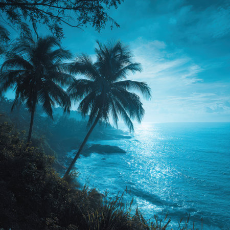 A picturesque coastal scene featuring lush palm trees against a tranquil ocean during dawn. This serene landscape captures nature's beauty and evokes a sense of peace.の素材