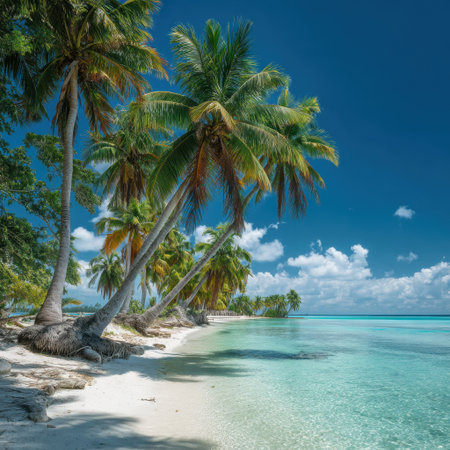 A breathtaking tropical beach scene showcasing lush palm trees, soft white sand, and tranquil turquoise waters, ideal for leisure and serene getaways by the ocean.の素材