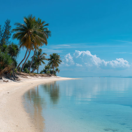 A stunning view of a tropical beach featuring swaying palm trees and crystal clear water, perfect for showcasing tranquility and an idyllic getaway in nature's embrace.の素材