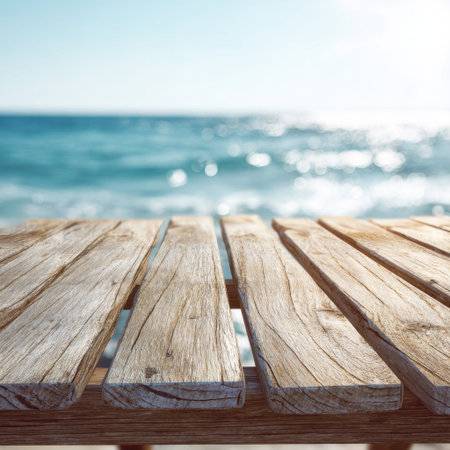 A serene wooden table set against a stunning ocean backdrop. The image captures the essence of relaxation and tranquility by the water. Perfect for designs focused on nature and travel.の素材