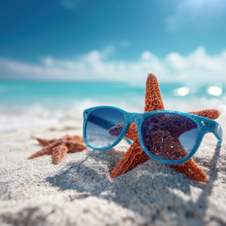 A delightful beach scene showcasing a starfish wearing sunglasses, surrounded by soft white sand and clear blue ocean waves under a bright sunny sky. Perfect for summer vibes!の素材