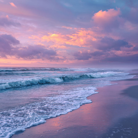 A breathtaking view of a sunset casting vibrant pastel colors across the sky, reflecting on gentle ocean waves, creating a serene atmosphere perfect for relaxation and contemplation.の素材