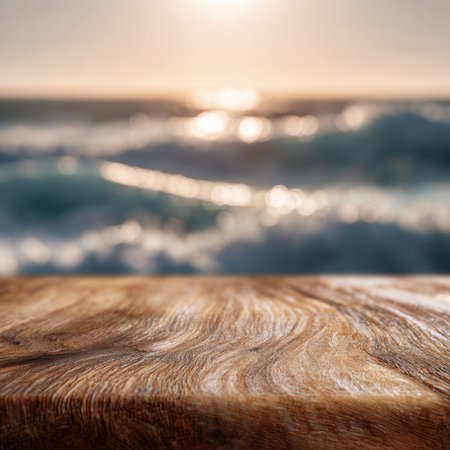 A stunning image showcasing a wooden surface in the foreground with mesmerizing ocean waves and a vibrant sunset, evoking feelings of peace and tranquility in nature.の素材