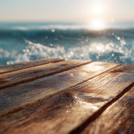 A mesmerizing close-up of a wooden deck glistening with water droplets, overlooking gentle ocean waves under a colorful sunset, evoking a sense of calm and beauty in nature.の素材