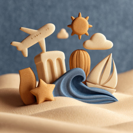 An imaginative display of travel-themed elements, featuring an airplane, sun, cloud, sailboat, and ocean wave, all set against a soft textured background. Perfect for vacation inspiration.の素材