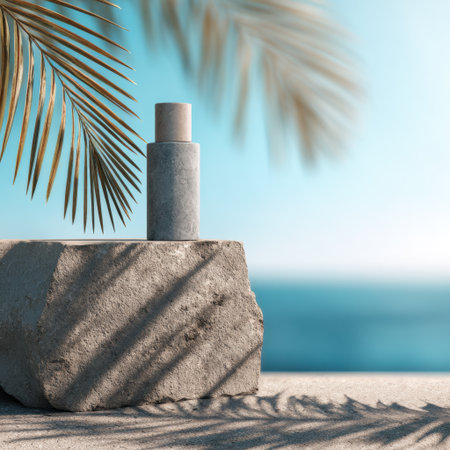 A serene and minimalist still life composition featuring a stone cylinder and palm leaf on a textured surface, set against a tranquil ocean backdrop, ideal for wellness themes.の素材