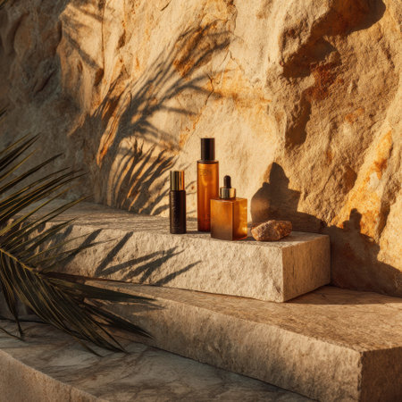 A serene display of beauty products on a stone surface illuminated by soft sunlight, highlighting the relationship between nature and wellness for an elegant atmosphere.の素材
