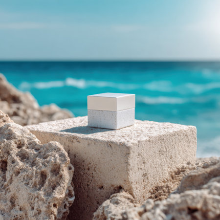 A stylish gift box placed on a rocky shore, surrounded by the calm sea and soft waves, perfect for capturing a sense of luxury and serene coastal aesthetics.の素材