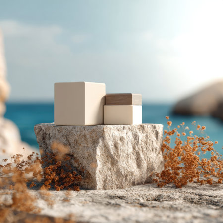 A serene composition of geometric shapes and natural stones, embodying minimalism and elegance, perfect for modern decor and artistic photography.の素材