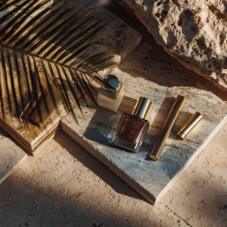 A stunning flat lay featuring luxury cosmetics displayed on a textured stone surface, beautifully complemented by a palm leaf under soft sunlight, perfect for branding.の素材