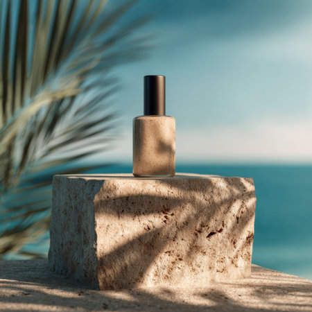 A serene minimalistic skin care product displayed on a textured stone pedestal, set against a tranquil tropical beach background, perfect for wellness themes.の素材