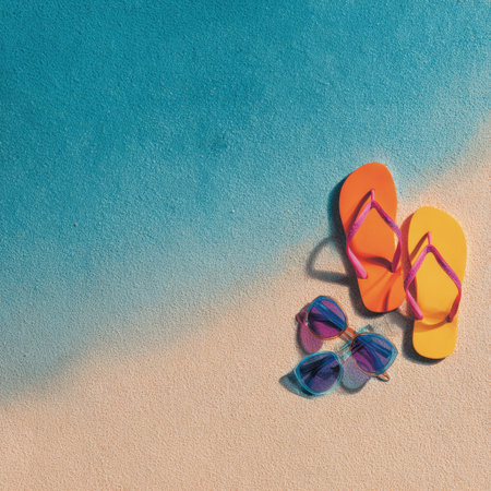 A vibrant beach scene featuring stylish sunglasses and colorful flip flops resting on soft sand, evoking a sense of summer fun and carefree vacation days.の素材
