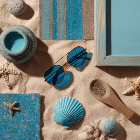 A vibrant beach-themed still life featuring stylish sunglasses, candles, seashells, and textured elements, creating a serene atmosphere perfect for summer relaxation and decor inspiration.の素材
