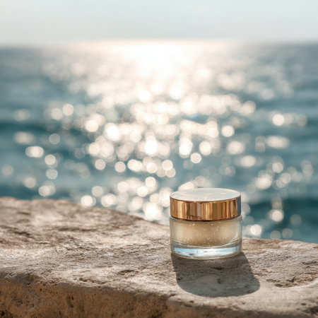 A skincare cream jar rests on a stone surface near the ocean, reflecting the tranquil beauty of nature and elevating any beach-inspired self-care routine.の素材
