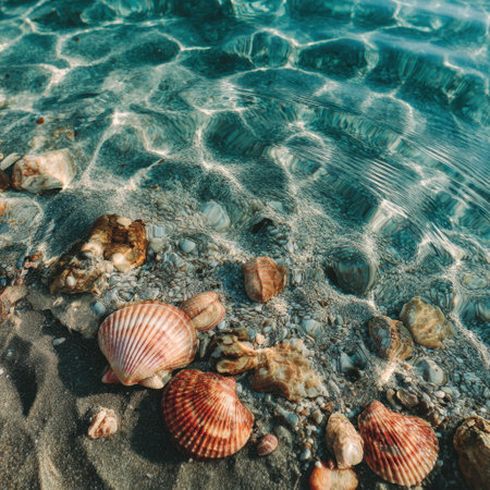 A serene seashore scene featuring colorful seashells scattered on soft sand, with clear ocean water reflecting sunlight, creating a tranquil coastal atmosphere ideal for relaxation and reflection.の素材
