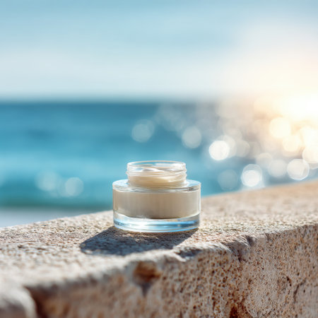 A close-up image of a moisturizing cream in a glass jar placed on a natural stone surface, beautifully lit by sunlight with a soft bokeh background creating a serene atmosphere.の素材