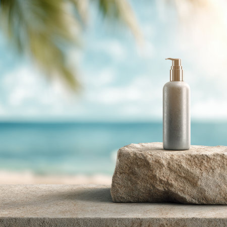 Modern skincare bottle on stone in a tranquil coastal setting, capturing the essence of relaxation and wellness amidst a serene beach background and soft sunlight.の素材