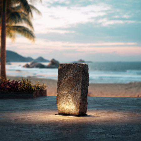 A serene seaside setting showcases a striking rock sculpture illuminated by soft light, complemented by lush foliage and gentle waves, creating a perfect relaxation spot.の素材