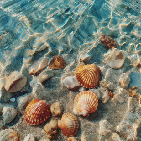 Capture the essence of tranquility with this stunning underwater scene featuring vibrant seashells and smooth stones nestled in clear sandy water, enhanced by gentle sunlight.の素材