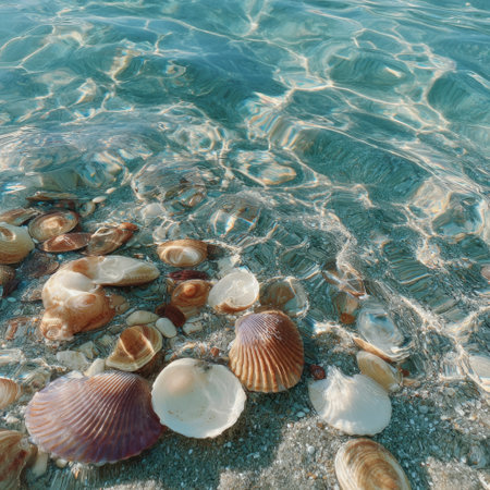 A serene view of various seashells scattered on the sandy ocean floor, illuminated by sunlight reflecting off the clear water, capturing the essence of a peaceful beach setting.の素材