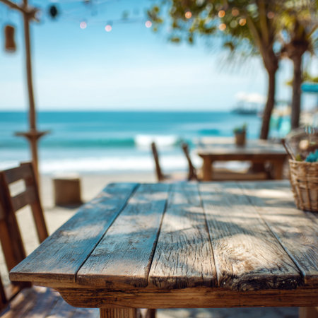 A serene beachside setting featuring a rustic wooden table, inviting viewers to relax while enjoying the soothing sound of ocean waves and the beautiful coastal ambiance.の素材