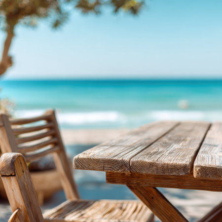 A rustic wooden table set against a stunning beach backdrop, featuring gentle waves and a clear blue sky, perfect for capturing peaceful and serene moments by the sea.の素材