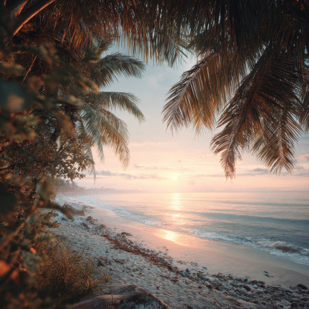 Experience the serene beauty of a sunset by the beach, framed by lush palm trees and gentle waves, perfect for capturing the essence of a tropical paradise.の素材
