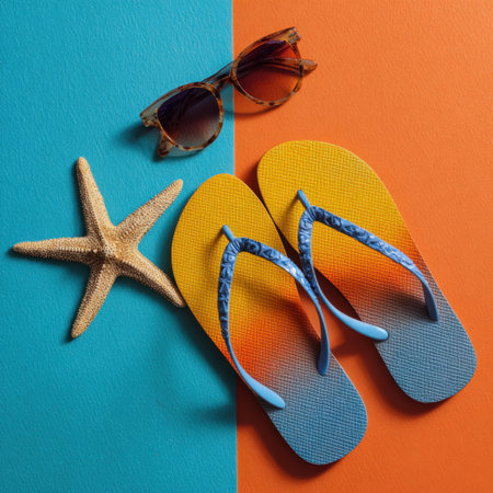 This vibrant flat lay features colorful flip flops, stylish sunglasses, and a starfish against a lively backdrop, perfect for evoking summer beach vibes and tropical adventures.の素材