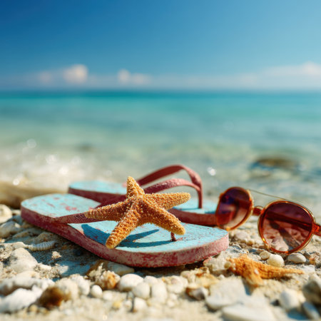 A vibrant beach scene showcasing a starfish and stylish sunglasses resting on sandy shore, with crystal-clear water in the background, ideal for summer vacations and relaxation imagery.の素材