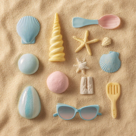 A delightful assortment of colorful beach toys including shells, starfish, and sunglasses laid out on soft sand, perfect for playful summer vibes and cheerful adventures.の素材
